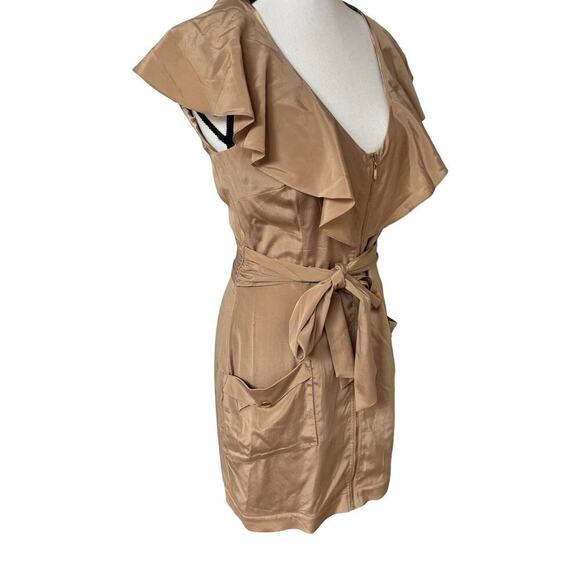 Y2K BEBE SILK RUFFLE TIE KHAKI TAN ZIP UP DRESS SMALL - Picture 4 of 7